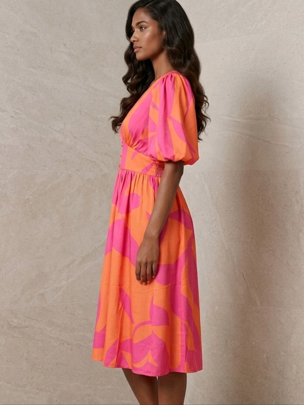 NWT | LARGE | Vibrant Puff Sleeve Abstract Print Midi Dress - Orange / Hot Pink - Picture 2 of 3